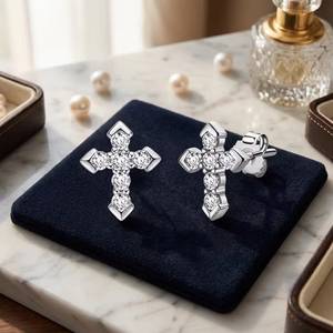925 Sterling <b>Silver</b> Moissanite Cross <b>Stud</b> <b>Earrings</b> Round Brilliant Cut Claw <b>Set</b> Christian Jewelry Gift - Product Image 4