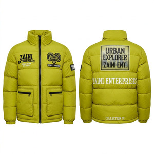 Men Puffer <b>Jacket</b> Premium 380 GSM Nylon Shell Horizontal Quilted Winter Coat <b>Lime</b> <b>Green</b> Black Custom Logo Urban Streetwear Style - Product Image 1