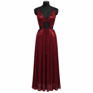 Glamuroso Vestido de Noche con Lentejuelas Color Granate Oscuro |   Vestido sin mangas con cuello en V profundo, aberturas, tirantes con lazo y falda larga fluida - Product Image 1