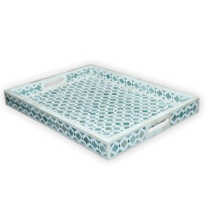 Plateau décoratif de luxe bleu marine avec incrustations en os, motif floral, pour table basse, organisateur de bijoux de coiffeuse, plateau indien - Product Image 2