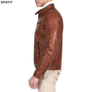Veste en cuir marron pour homme, style classique Cafe Racer, veste de motard en cuir véritable avec poches zippées, coupe-vent en cuir - Product Image 3