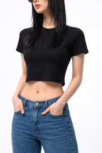 Top Corto de Mujer, Estilo Dulce, Tejido Sólido de 220 g/m², Transpirable, Ajustado, de Manga Corta, de Algodón y Elastano, para Verano - Product Image 2