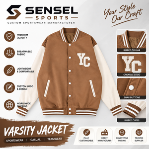 เสื้อแจ็คเก็ตบอมเบอร์บางปักลายตัวอักษร Varsity สำหรับผู้ชายจาก Sensel Sports แขนเสื้อทำจากผ้าขนสัตว์ ระบายอากาศได้ดี แห้งเร็ว เหมาะสำหรับใส่ในฤดูหนาว - Product Image 1
