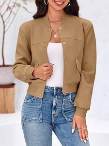 Chaqueta Bomber Caqui para Mujer, Color Sólido, Cuello Alto, Manga Larga, Cierre de Botones, Corte Recortado, Prenda Exterior Informal, Tejido de Poliéster - Product Image 1