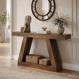 Mesa Consola Moderna Rústica de Madera para Entrada o Pasillo, Base Geométrica Trapezoidal, Mueble Auxiliar para Sofá, Mueble para Sala de Estar - Product Image 1