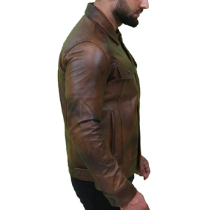 Veste en cuir véritable marron pour homme, style motard, col rabattu, coupe classique, pour l'automne - Product Image 5