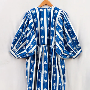 Hermoso Vestido de Verano de Algodón Estampado a Mano con Motivos Florales para Mujer, Ropa Casual, Mangas 3/4, Azul, Secado Rápido - Product Image 3