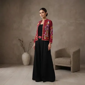 Rama's Women's Maroon Embroidered Floral Woven Discharge <b>Printed</b> Cord-<b>set</b> with 100% Silk Quick Dry Top and Trousers for Summer - Product Image 6