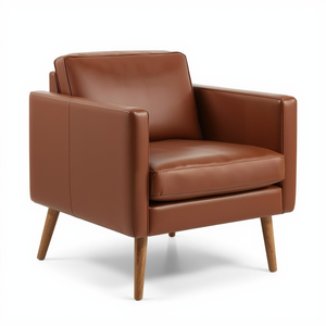 Fauteuil d'appoint moderne en cuir cognac avec pieds en bois, fauteuil lounge de style mid-century pour salon, chambre et hôtel - Product Image 3