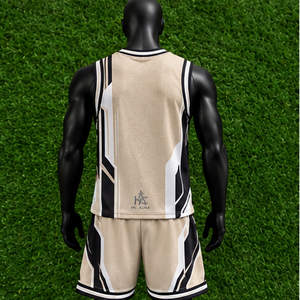 Ensemble d'uniformes de basketball unisexe tendance, beige et noir, sublimé, col en V, sans manches, anti-humidité, coupe athlétique, logo personnalisé - Product Image 1