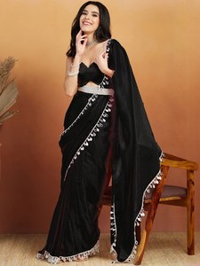 Sari en soie noire élégant pour femme, longueur ras du sol, tenue de mariage, robe ethnique traditionnelle Inde Pakistan, coupe classique, toutes saisons - Product Image 2
