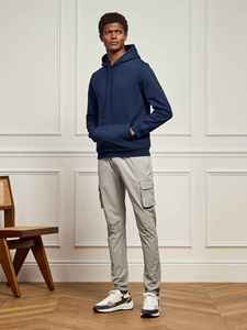 Men's <b>Navy</b> Hooded <b>Sweatshirt</b> Regular Fit Casual Autumn Solid Color Knitted French Terry Pocket Design O-Neck - Product Image 4
