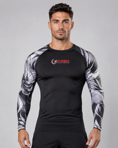 Fly Humble Sportswear Men's Full Sleeve Rash Guard Digital Print Breathable Quick Dry <b>Compression</b> <b>Shirt</b> Seamless Fusing <b>Black</b> - Product Image 1
