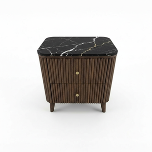 Table d'appoint moderne avec 2 tiroirs, en MDF acacia, placage chêne, plateau en marbre, design dynamique pour salles à manger et espaces de vie. chambre à coucher. - Product Image 1