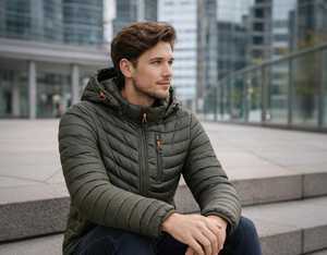 Chaqueta Acolchada con Capucha para Hombre, Color Verde Oliva, Cortavientos, Informal, para Invierno, Cierre de Cremallera, Corte Regular, Color Sólido - Product Image 4