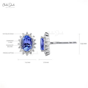 Boucles d'oreilles clous en Tanzanite ovale certifiée IGI 1,03 carat en or massif 14 carats avec diamants pavés, prêtes à être expédiées, bijoux fins pour femmes - Product Image 5