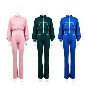 2026 Custom Logo Women's One <b>Set</b> Striped Tracksuit Contrast Piping Zip Crop Jacket High Waisted Flare Pants Sportswear Spring - Product Image 1