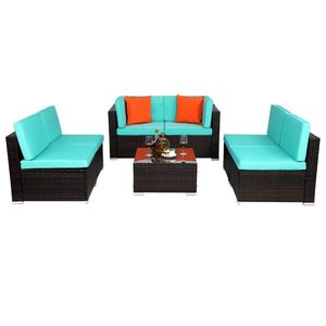 Set da Giardino in Rattan Marrone Sfumato 7 Pezzi con Cuscini Blu Lago, Imballato Sottovuoto - Product Image 2