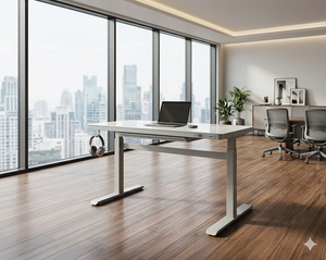 Bureau d'ordinateur réglable en hauteur Lumetal avec tiroir, surface en verre, structure métallique, poste de travail de bureau, modèle S7132 - Product Image 4