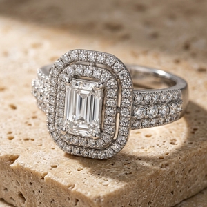 Anillo de compromiso con diamante de corte esmeralda cultivado en laboratorio, con múltiples filas de diamantes de corte redondo y doble halo, en oro blanco de 10k, 14k o 18k. - Product Image 2