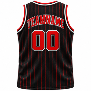 Maillot de basket-ball noir personnalisé, uniforme d'équipe en maille sans manches à rayures rouges et blanches, numéro imprimé - Product Image 1