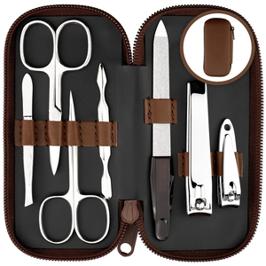 Ensemble de manucure et pédicure professionnel de qualité supérieure 7 en 1 en acier inoxydable, noir mat moderne avec étui en cuir marron - Product Image 3