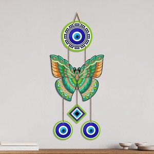 Colgante de Pared de MDF con Mariposa Verde y Ojo Turco - Amuleto de la Suerte Vastu Art Deco para la Entrada del Hogar - Product Image 3