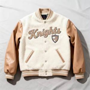 Knights Embroidered Varsity <b>Jacket</b> Men's <b>Fleece</b> PU Leather Sleeve Preppy Style Autumn Thick Sherpa <b>Lining</b> Turn-down Collar - Product Image 1