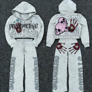 ชุดเซ็ตเสื้อฮู้ดดี้และกางเกงวอร์มประดับเพชรเทียม ลวดลายพิมพ์นูนแบบฟอกสีสไตล์วินเทจ - Product Image 1