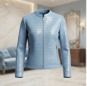 Blouson Moto Femme en Cuir PU Gaufré Crocodile Bleu, Col Montant, Manches Longues, Longueur Standard, Fermeture Éclair, Automne - Product Image 1