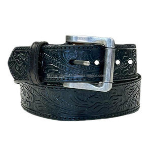 Best Quality Black Genuine Western Leather <b>Tooling</b> <b>Belt</b> with Hand Carved Floral Embossed and Roller Pin buckle Unisex <b>Belts</b> - Product Image 4