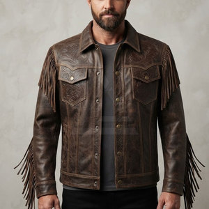 <b>Western</b> Style Leather <b>Jacket</b> For Men Fringe Embossed Cowboy Outerwear For Casual Streetwear Travel And Outdoor Fashion - Product Image 3