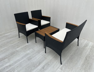 4P00077 Juego de Muebles de Jardín de Ratán para Exteriores, Mesa de Centro y Sillas, Mimbre Negro, Madera de Acacia, Cojines Blancos Crema, Directo de Fábrica en Vietnam - Product Image 3