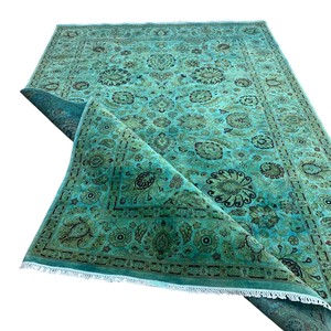 Tapis traditionnel en laine noué à la main 9x12 à motifs floraux en turquoise, olive et noir pour la décoration du salon et de la chambre - Product Image 3