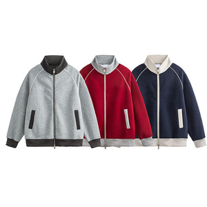Men's <b>Fleece</b> Racer <b>Jacket</b> Stand Collar Zipper Closure Casual Solid Color Autumn Wear Regular Fit Knitted Polyester - Product Image 2