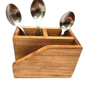 4 Compartment Wooden Cutlery Caddy with Iron Side Handles Rectangular Tableware Organizer Wood Spoon Fork Knife <b>Storage</b> <b>Box</b> - Product Image 3