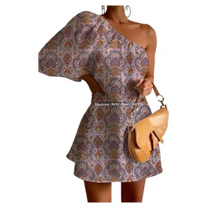 Nouvelle Robe Courte Été 2026 Style Européen et Américain Tendance, Imprimée, Respirante, Coupe Ajustée, Sexy, à Une Épaule et Manches Bouffantes - Product Image 6