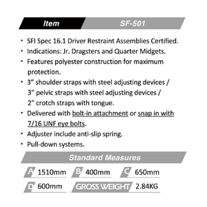 Harnais de course TBRACING SF 501 certifié SFI 16.1 à 5 points de sécurité pour Jr Dragsters, fabriqué à Taïwan, avec logo personnalisé, vente en gros - Product Image 5