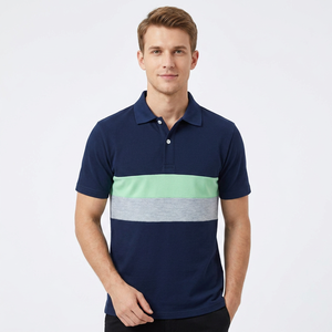 Polo à manches courtes pour homme, color-block, rayé, en coton Oxford, décontracté, respirant, coupe classique - Product Image 1