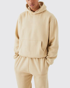 Men's Beige Hooded Sweatshirt <b>Set</b> Solid Color Casual Autumn Wear 100% Cotton <b>Knitted</b> Fleece Joggers breathable - Product Image 4