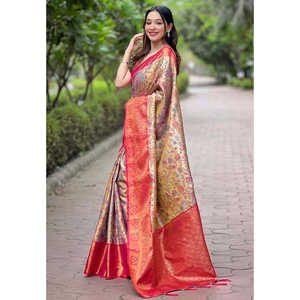 Sari en soie Dharmavaram rose original Elite Weaves avec un motif tissé traditionnel Zari pour les vêtements indiens et pakistanais - Product Image 1