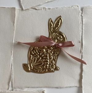 Golden Rabbit Metal Ornament With Pink Ribbon Traditional Handicraft Decor - Product Image 1