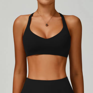 Women Seamless Sports Bra Deep V-Neck Halter Medium Support Yoga Bra Breathable Solid Color White - Product Image 2
