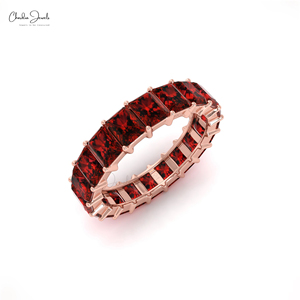 Offres Exclusives Bijoux de Mariage Bague de Fiançailles en Grenat Taille Émeraude 4x3MM en Or Rose Massif 14K avec Bande Éternité Complète - Product Image 1