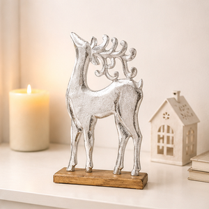 Sculpture de renne en métal argenté moderne faite à la main pour base en bois, figurine de Noël élégante pour la maison, la table, les fêtes et les mariages - Product Image 2