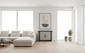 Aparador Moderno de 2 Puertas de Roble Macizo, Resistente al Agua, Ecológico, Diseño Multifuncional, Madera Natural, Tela Gris - Product Image 2