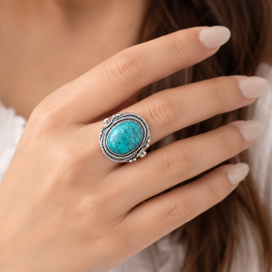 Bague en argent sterling 925 avec turquoise naturelle, plaquée or rose et or jaune, faite à la main, style bohème, ovale, ajustable - Product Image 2