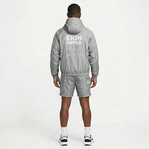 Custom Logo <b>Silver</b> Windbreaker Set, Men's Lightweight Metallic Two Piece Sportswear, Hooded <b>Jacket</b> and Shorts Athleisure Set - Product Image 4