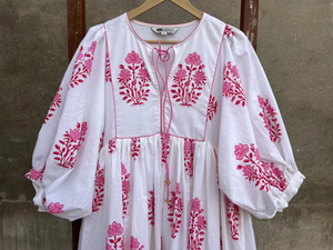2026 Hot Selling Casual Style Hand Block Printed V-neck Long Sleeve Maxi Dress 100% Cotton Indian <b>Tunics</b> for Women - Product Image 4