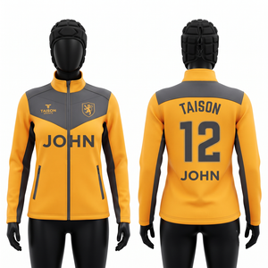 Veste d'entraînement pour équipe de rugby féminine, 280 GSM, polyester interlock premium, panneau contrastant or, noir, gris, logo personnalisé - Product Image 1